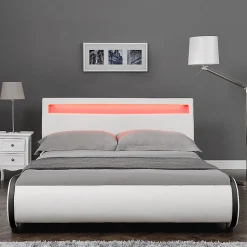 Cadre de lit double Valencia à LED 140x200cm cuir synthétique avec sommier à lattes blanc Corium