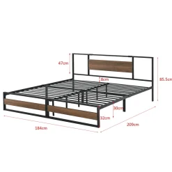 Cadre de Lit Double Villach en Métal 180 x 200 cm Noir Mat Effet Noyer en.casa