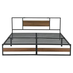 Cadre de Lit Double Villach en Métal 180 x 200 cm Noir Mat Effet Noyer en.casa