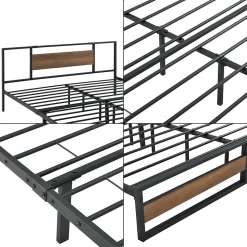 Cadre de Lit Double Villach en Métal 180 x 200 cm Noir Mat Effet Noyer en.casa