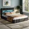 Cadre de lit double 180x200 cm gris avec rangement, tissu en lin, LED, tête de lit avec station de charge et sommier à lattes