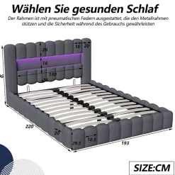 Cadre de lit double 180x200 cm gris avec rangement, tissu en lin, LED, tête de lit avec station de charge et sommier à lattes