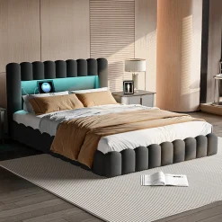 Cadre de lit double 180x200 cm gris avec rangement, tissu en lin, LED, tête de lit avec station de charge et sommier à lattes