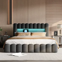 Cadre de lit double 180x200 cm gris avec rangement, tissu en lin, LED, tête de lit avec station de charge et sommier à lattes