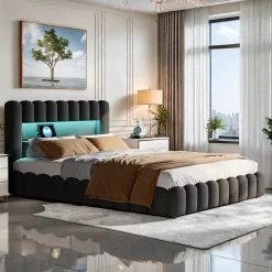 Cadre de lit double 180x200 cm gris avec rangement, tissu en lin, LED, tête de lit avec station de charge et sommier à lattes