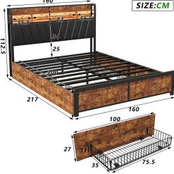 Cadre de Lit Double 160x200 cm avec Tiroirs Coulissants et LED, en Métal Noir et Bois, Parfait pour Chambre d'Adultes, USB, noir