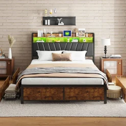 Cadre de Lit Double 160x200 cm avec Tiroirs Coulissants et LED, en Métal Noir et Bois, Parfait pour Chambre d'Adultes, USB, noir