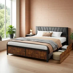 Cadre de Lit Double 160x200 cm avec Tiroirs Coulissants et LED, en Métal Noir et Bois, Parfait pour Chambre d'Adultes, USB, noir