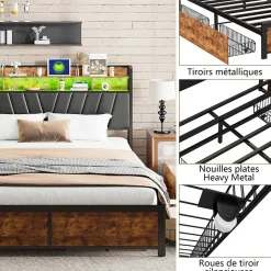 Cadre de Lit Double 160x200 cm avec Tiroirs Coulissants et LED, en Métal Noir et Bois, Parfait pour Chambre d'Adultes, USB, noir