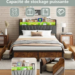 Cadre de Lit Double 160x200 cm avec Tiroirs Coulissants et LED, en Métal Noir et Bois, Parfait pour Chambre d'Adultes, USB, noir