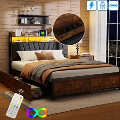 Cadre de Lit Double 160x200 cm avec Tiroirs Coulissants et LED, en Métal Noir et Bois, Parfait pour Chambre d'Adultes, USB, noir