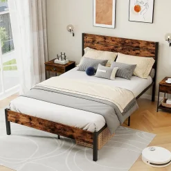 Cadre de Lit Double 140x200CM, Lit Plateforme avec Tête à Lattes, Pas Besoin de Sommier, Marron Rustique