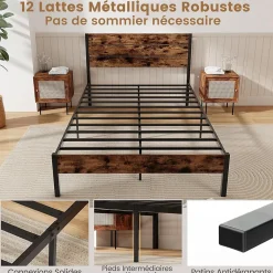 Cadre de Lit Double 140x200CM, Lit Plateforme avec Tête à Lattes, Pas Besoin de Sommier, Marron Rustique