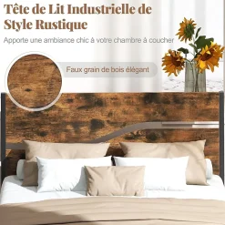 Cadre de Lit Double 140x200CM,avec Tête, Lattes en Métal,Espace de Rangement,Pas de Sommier Nécessaire,Brun Rustique,Charge 360KG