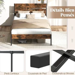 Cadre de Lit Double 140x200CM,avec Tête, Lattes en Métal,Espace de Rangement,Pas de Sommier Nécessaire,Brun Rustique,Charge 360KG