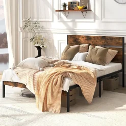 Cadre de Lit Double 140x200CM,avec Tête, Lattes en Métal,Espace de Rangement,Pas de Sommier Nécessaire,Brun Rustique,Charge 360KG