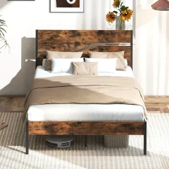 Cadre de Lit Double 140x200CM,avec Tête, Lattes en Métal,Espace de Rangement,Pas de Sommier Nécessaire,Brun Rustique,Charge 360KG