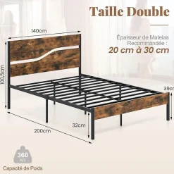 Cadre de Lit Double 140x200CM,avec Tête, Lattes en Métal,Espace de Rangement,Pas de Sommier Nécessaire,Brun Rustique,Charge 360KG