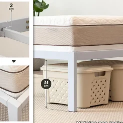 Cadre De Lit En Acier Avec Espace De Rangement - Montage Facile - 180x200 Cm Blanc