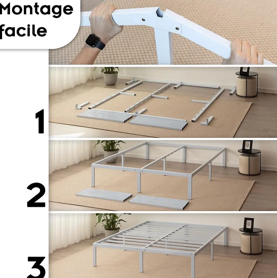 Cadre De Lit En Acier Avec Espace De Rangement - Montage Facile - 200x200 Cm Blanc