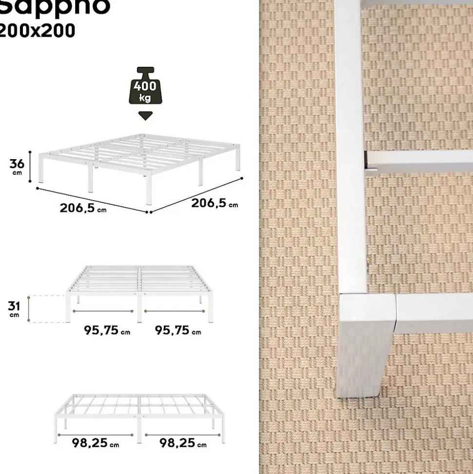 Cadre De Lit En Acier Avec Espace De Rangement - Montage Facile - 200x200 Cm Blanc