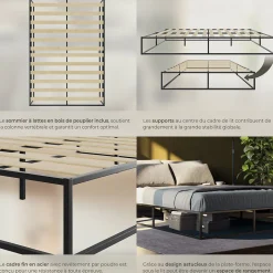 Cadre de lit en acier sommier à lattes en bois de peuplier 200x140cm