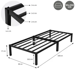 Cadre de lit en acier sommier à lattes noir moderne chambre à coucher 90x200 cm