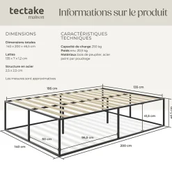 Cadre de lit en acier sommier à lattes en bois de peuplier 200x140cm