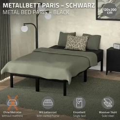 Cadre de lit en acier sommier à lattes noir moderne chambre à coucher 120x200 cm