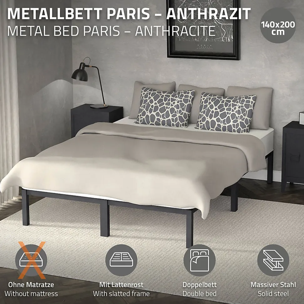 Cadre de lit en acier sommier à lattes anthracite chambre à coucher 140 x 200 cm