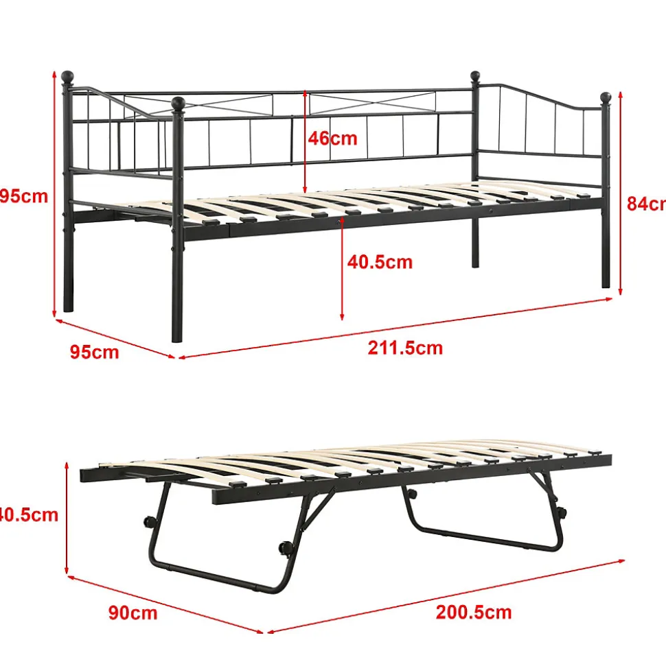 Cadre de Lit Gigogne en Métal Skutskär Noir 90x200cm en.casa