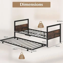 Cadre de Lit Gigogne Lot de 2 Lit Simple Banquette Lattes Métalliques Tête et Pied de Lit Peu Encombrant Pieds Pliants
