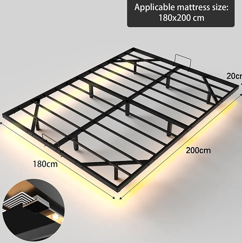 Cadre de lit LED en métal 180x200 cm, hauteur 20 cm, cadre flottant, pieds dissimulés, noir