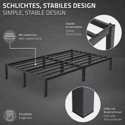 Cadre de lit métal anthracite matelas H:16 cm sommier à lattes intégré 120x200cm