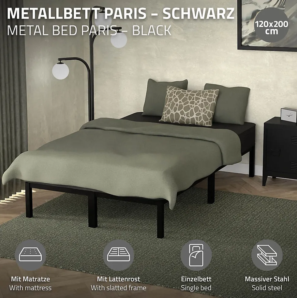 Cadre de lit noir en métal 120x200cm avec sommier à lattes matelas H:16 cm
