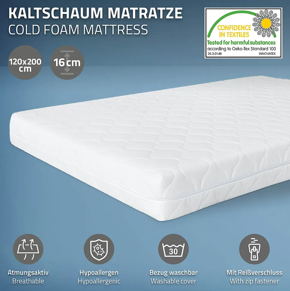 Cadre de lit noir en métal 120x200cm avec sommier à lattes matelas H:16 cm