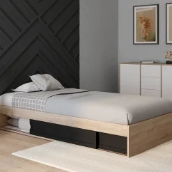 Cadre de lit simple SALEM avec rangement et sommier 90 x 190 CM façon hêtre et noir
