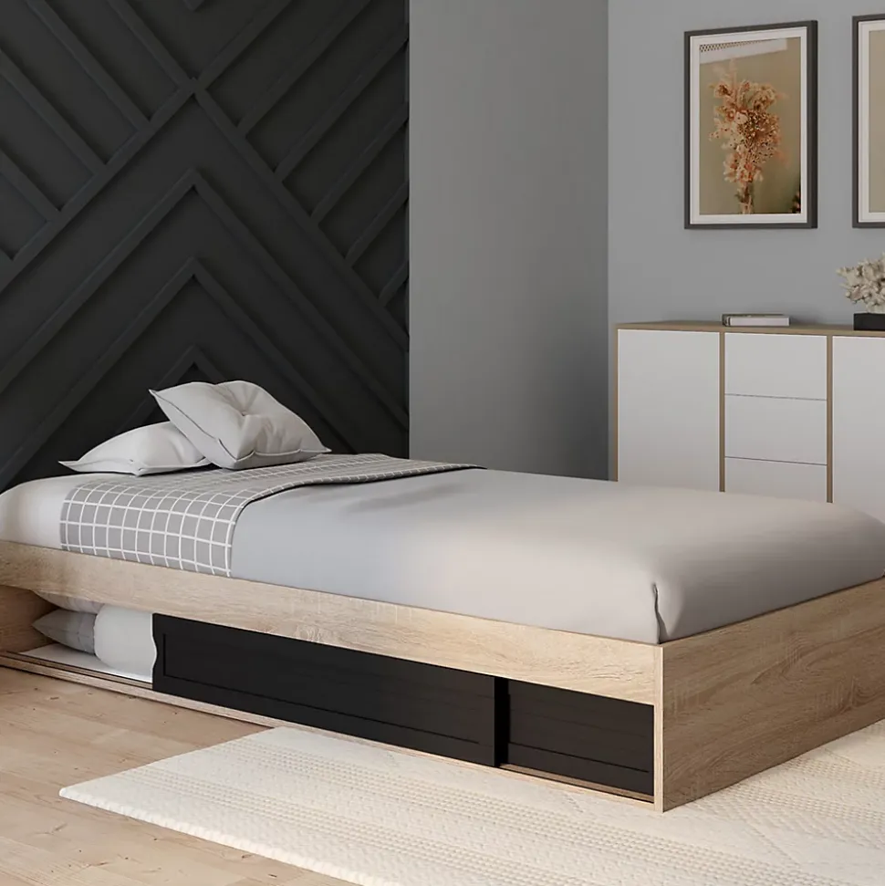 Cadre de lit simple SALEM avec rangement et sommier 90 x 190 CM façon hêtre et noir