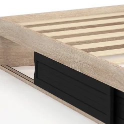 Cadre de lit simple SALEM avec rangement et sommier 90 x 190 CM façon hêtre et noir