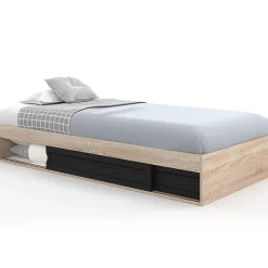 Cadre de lit simple SALEM avec rangement et sommier 90 x 190 CM façon hêtre et noir