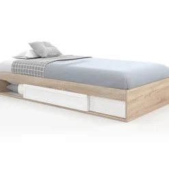 Cadre de lit simple SALEM avec rangement et sommier 90 x 190 CM façon hêtre et blanc
