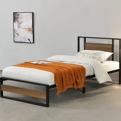 Cadre de Lit Simple Villach en Métal 90 x 200 cm Noir Mat Effet Noyer en.casa