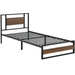Cadre de Lit Simple Villach en Métal 90 x 200 cm Noir Mat Effet Noyer en.casa