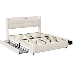 Cadre de lit 160x200cm, à lattes, fonction de chargement USB, tiroirs, cuir PU, blanc
