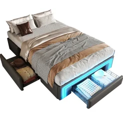Cadre de lit 90x200cm sans tête, LED, PU, plateforme métal avec tiroirs, gris