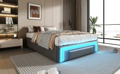 Cadre de lit 90x200cm sans tête, LED, PU, plateforme métal avec tiroirs, gris