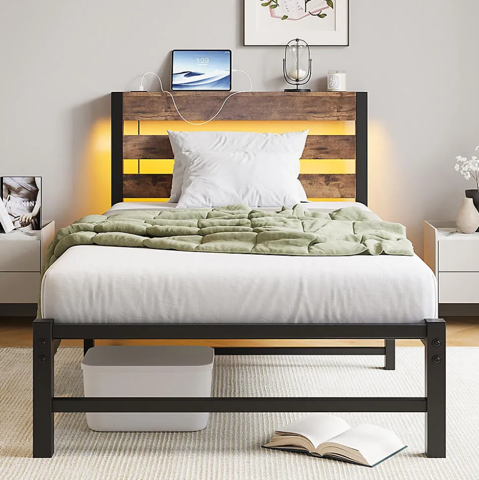 Cadre lit LED 90x200 cm, recharge USB, rangement sous matelas, structure métal