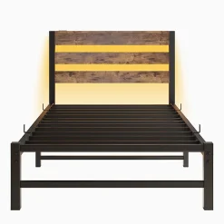 Cadre lit LED 90x200 cm, recharge USB, rangement sous matelas, structure métal