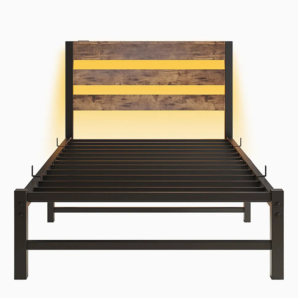 Cadre lit LED 90x200 cm, recharge USB, rangement sous matelas, structure métal