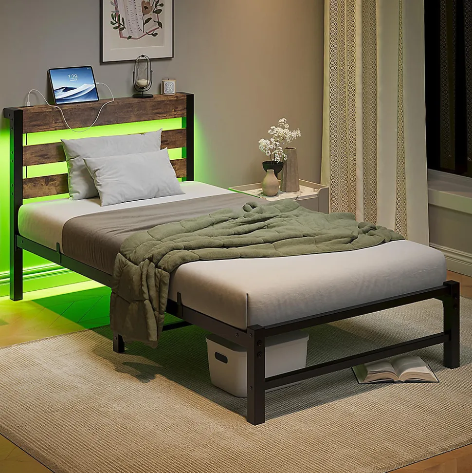 Cadre lit LED 90x200 cm, recharge USB, rangement sous matelas, structure métal